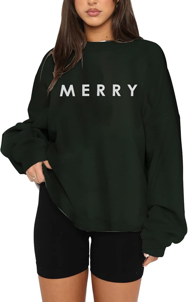 Women Christmas Sweatshirt Merry Letter Printed Graphic Pullover Sweater Xmas Long Sleeve Oversiz... | Amazon (US)