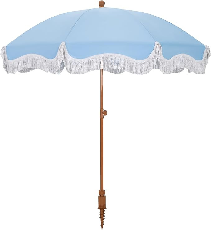 HERA'S PALACE 7ft Heavy Duty Beach Umbrella with Sand Anchor, Fringe Umbrella for Sand, UV 50+, P... | Amazon (US)