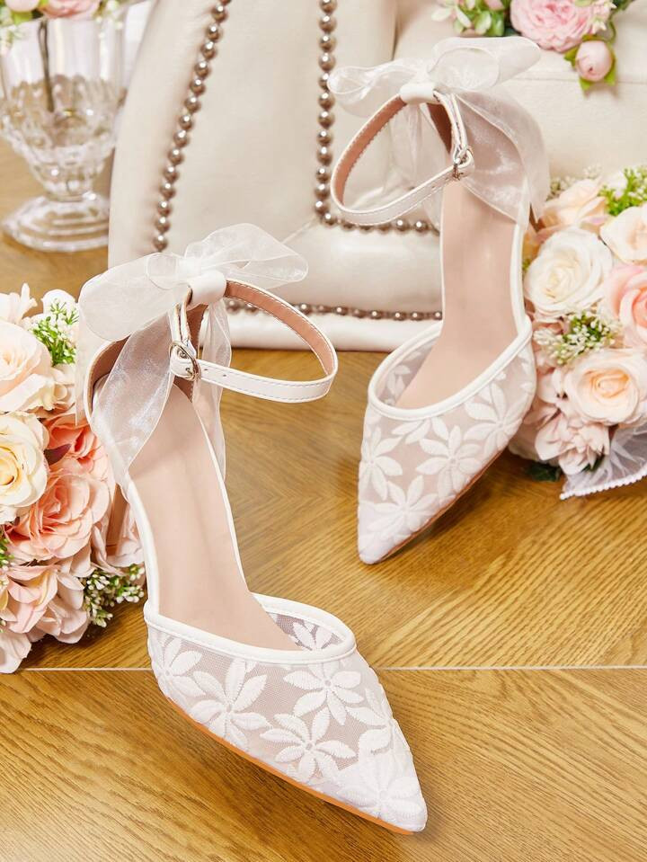 CUCCOO HITCHD White Pointed Toe Lace Butterfly Cutout High Heel Wedding Shoes For Women Spring Sh... | SHEIN