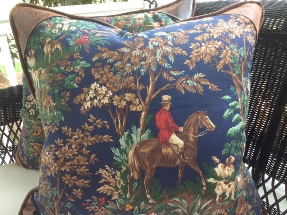Ralph Lauren Pillow Cover - Ainsworth Hunt Scene with Faux Leather Corners | Etsy (US)