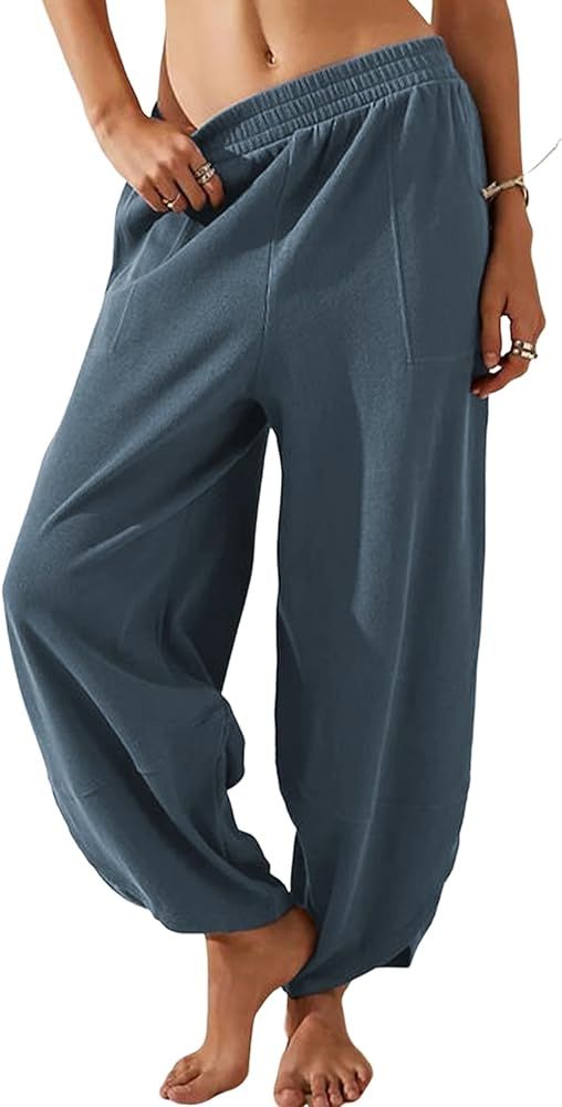 Springrain Womens Baggy Wide Leg Pants Cotton Elastic Waisted Loose Palazzo Harem Pants with Pock... | Amazon (US)