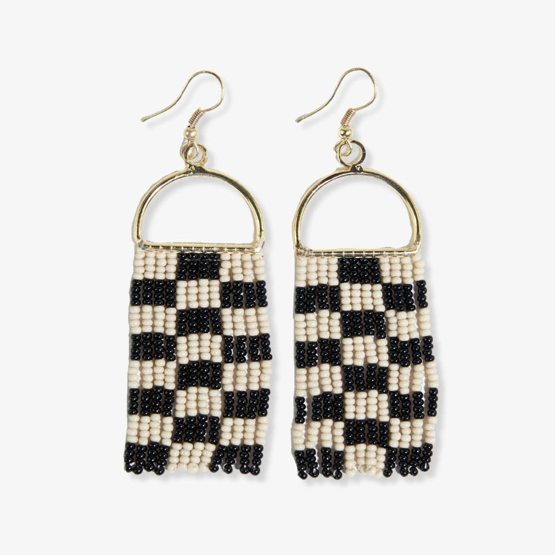 Allison Checkered Beaded Fringe Earrings Black | INK+ALLOY