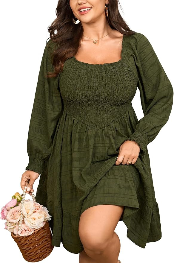 Womens Plus Size Dress Fall Casual Puff Long Sleeve Square Neck Empire Waist Tiered A-line Mini S... | Amazon (US)