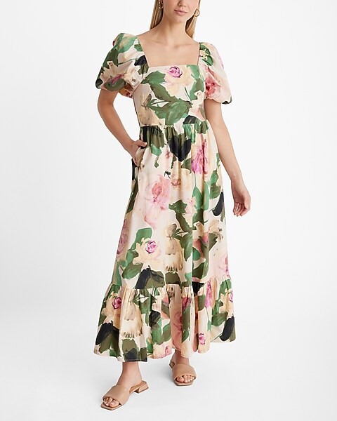 Floral Square Neck Puff Sleeve Tiered Poplin Maxi Dress | Express
