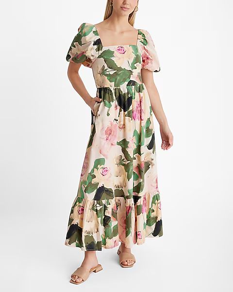 Floral Square Neck Puff Sleeve Tiered Poplin Maxi Dress | Express (Pmt Risk)