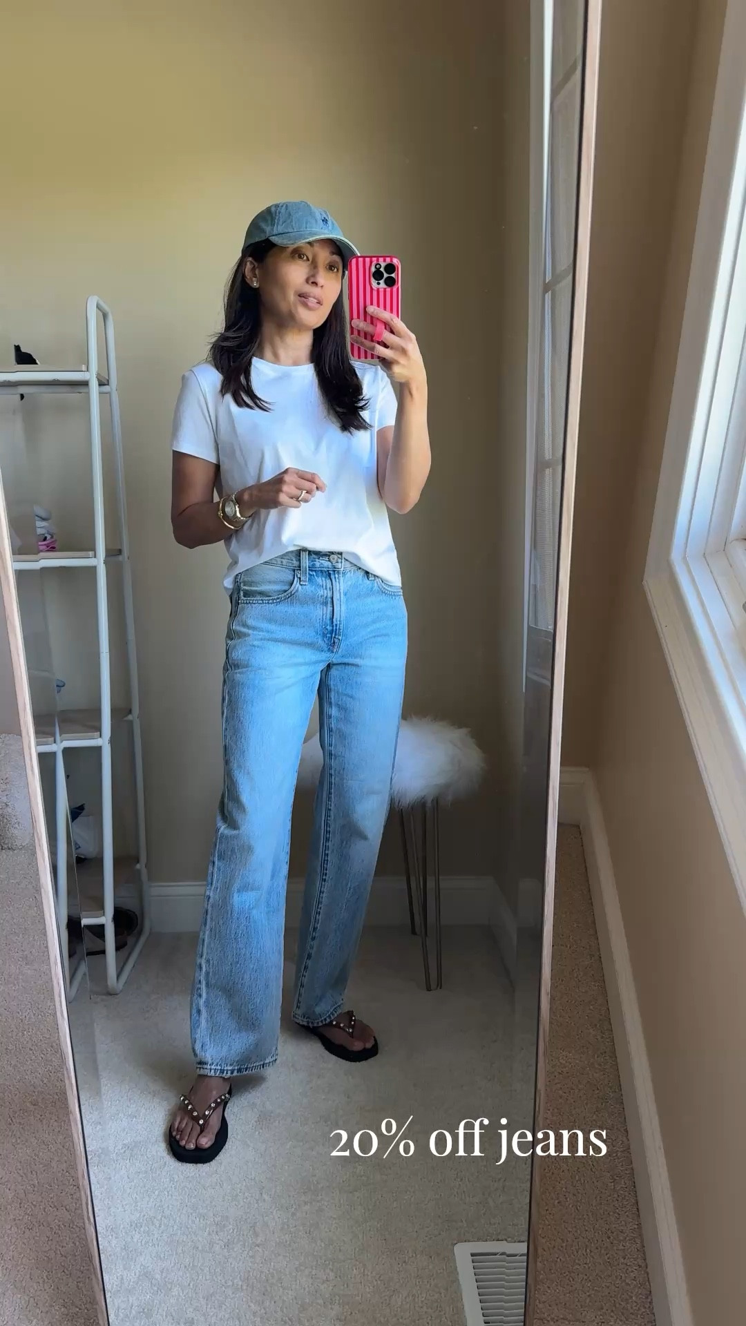 Spring outfits 2026. T-shirt and jeans. 
Bowed jeans from @Pistola Denim are on sale 20% off. 
Good all cotton denim material in the perfect thickness. The type that gets even better with time. 
Bowed style is not quite a barrel and not quite a straight leg, but somewhere in between. 
True to size. 
My wash:  bowie. I also like metropolis and dolce vita vintage. 
An all-time favorite t-shirt. True to size. 
Denim baseball cap. 
Embellished flip flops. 


#LTKOver40