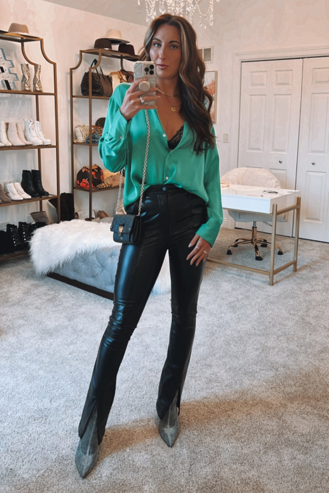 Date night outfit city outfit faux leather pants holiday outfit faux vegan leather satin button up satin long sleeve Louis Vuitton purse 

#LTKitbag #LTKHoliday #LTKSeasonal