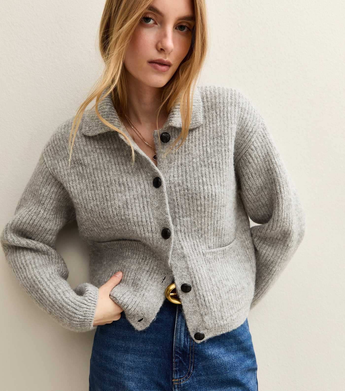 Grey Knit Collared Button Through Cardigan | New Look | New Look (UK)