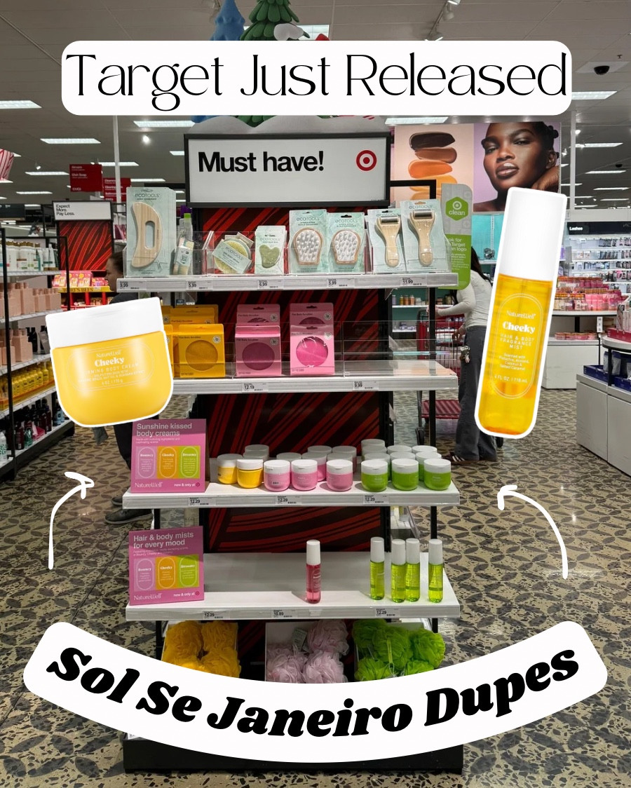 Sol De Janiero Dupes

Target now has the Nature Well Sol De Janiero Dupes for $10 each!!

Cheirosa 68 & Beija Flor Elasti Cream Dupes
-Bouncy Plumping Body Cream: $10 vs $38
-Bouncy Cheeky Hair and Body Fragrance Mist: $10 vs $48
-scent profile: Tuberose, dragon fruit, lychee, golden amber

Cheirosa 87 & Rio Radiance Cream
-Dreamy Firming Body Cream: $10 vs $38
-Dreamy Hair and Body Fragrance Mist: $10 vs $38
-scent profile: sweet mandarin, bergamot, vanilla orchid, pink sugar
-The Rio Radiance has been discontinued, so this let’s you try it!!

Cheirosa 62 & Brazilian Bum Bum Cream Dupes
-Chierosa 62 dupe is already sold out!!!
-Cheeky Firming Body Cream: $10 vs $38
-Cheeky Hair and Body Fragrance Mist: $10 vs $48
-Scent profile: Pistachio, almond, coconut, salted caramel