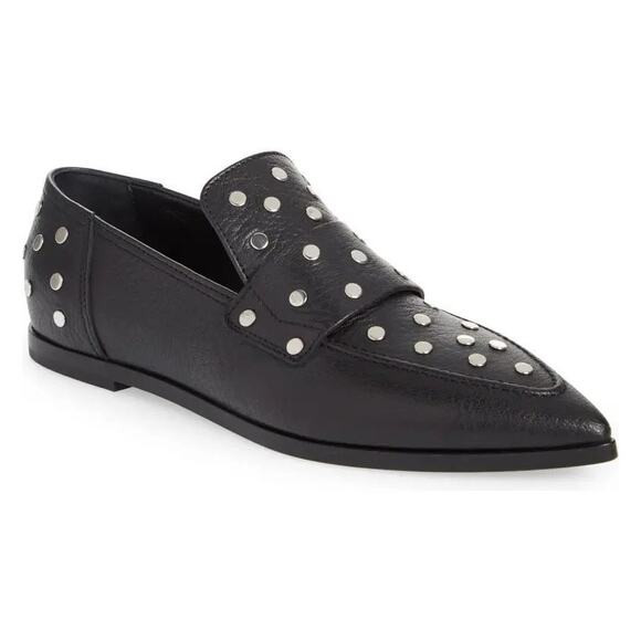 AGL Ines Black Leather Studded Pointed Toe Flat Loafers Size 37 | Poshmark