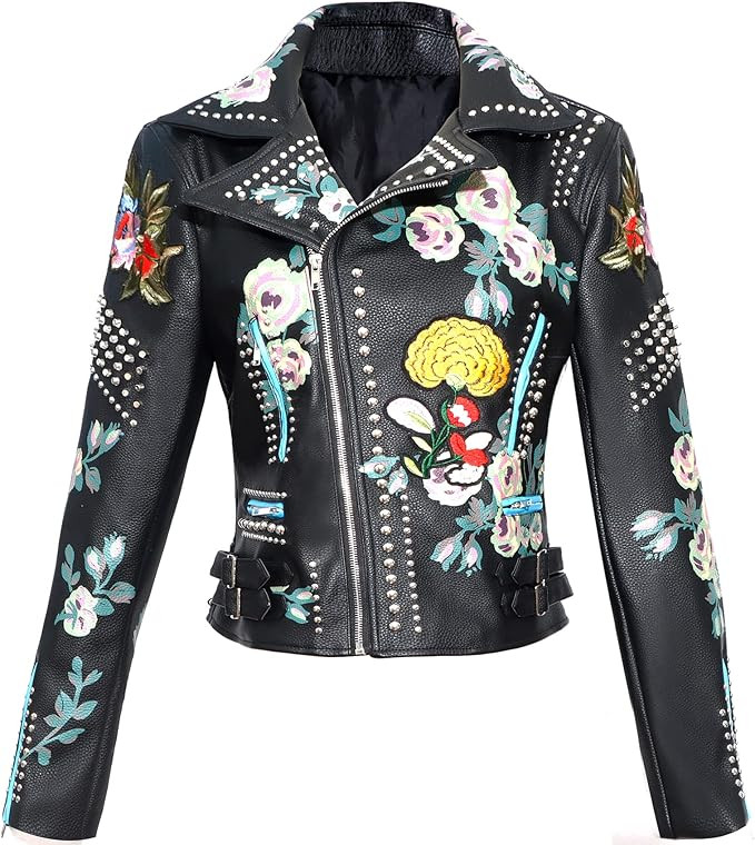 DARKSHE Women's Faux Leather PU Jacket, Graffiti Studded Rivet Punk Biker Moto Fashion Coat with ... | Amazon (US)