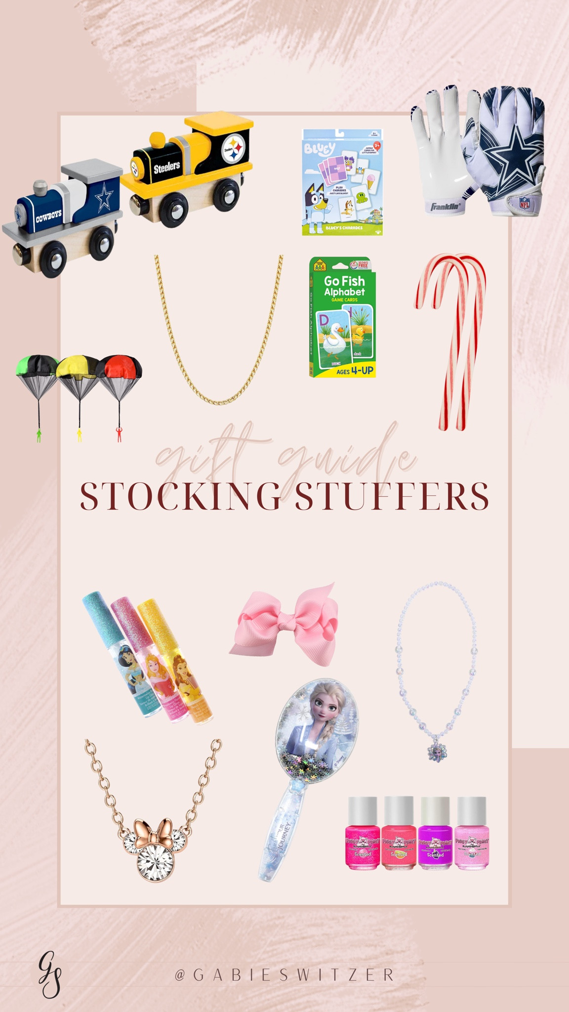 Kids stocking stuffer ideas! 

NFL wooden train toy / gold necklace gold chain / kids card games / football gloves / kids lip gloss / Minnie Mouse necklace / kids nail polish / little girl jewelry 

#LTKGiftGuide #LTKKids #LTKSaleAlert