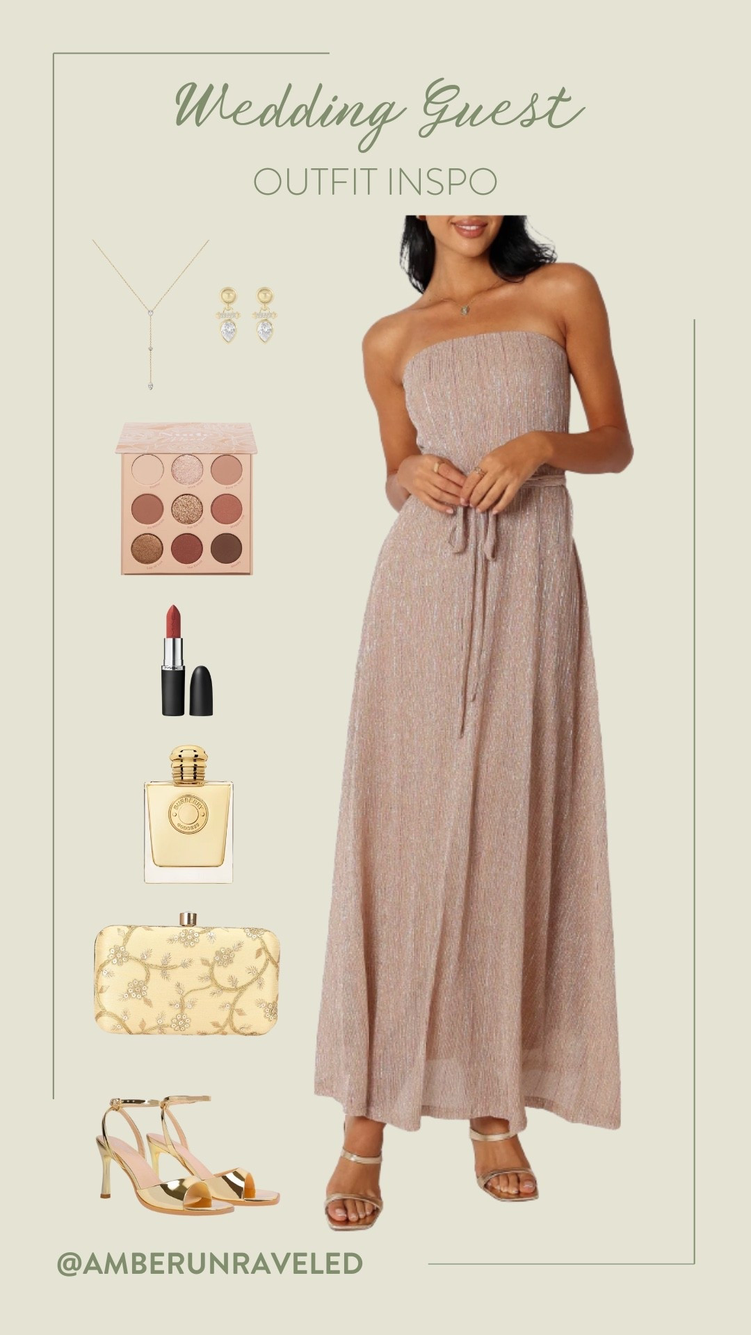 A complete wedding guest look from head to toe! From the beautiful sparkly dress to the gold clutch and heels, everything works together perfectly. Complete the look by applying an eyeshadow and a red lipstick!
#formalwear #weddingseason #outfitinspo #specialoccasion

#LTKStyleTip #LTKSeasonal #LTKU