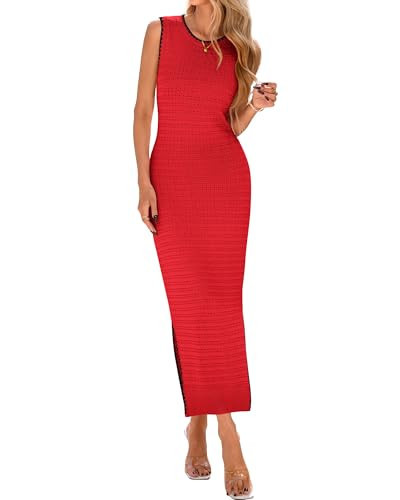BTFBM Womens Knit Bodycon Midi Dress Casual Sleeveless See Through Cover Up Dresses Crew Neck Slit Tank Summer Dresses(Red, XX-Large) | Amazon (US)