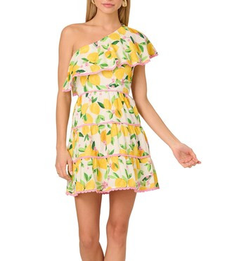 Adrianna by Adrianna Papell Lemon Fruit Print One-Shoulder Neck Sleeveless A-Line Mini Dress | Di... | Dillard's