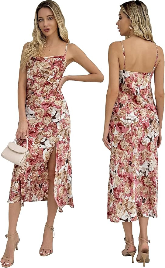 Wedding Guest Dress for Women Spaghetti Strap Satin Slip Dresses | Slit Midi Dress, Cowl Neck, Co... | Amazon (US)