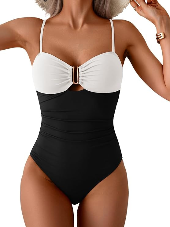 Eomenie One Piece Swimsuit for Women Tummy Control Ruched Bathing Suit Cutout U Wire Swim Suits | Amazon (US)