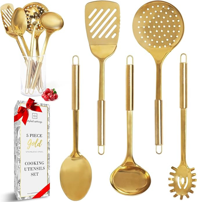 Gold Cooking Utensils Set - 5 PC Stainless Steel for Modern Cooking & Serving - Dishwasher Safe G... | Amazon (US)