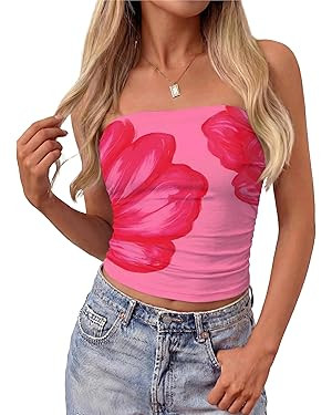 MASCOMODA Women Floral Tube Top Summer 2026 Cute Strapless Crop Mesh Going Out Tops Y2K Ruched Ba... | Amazon (US)