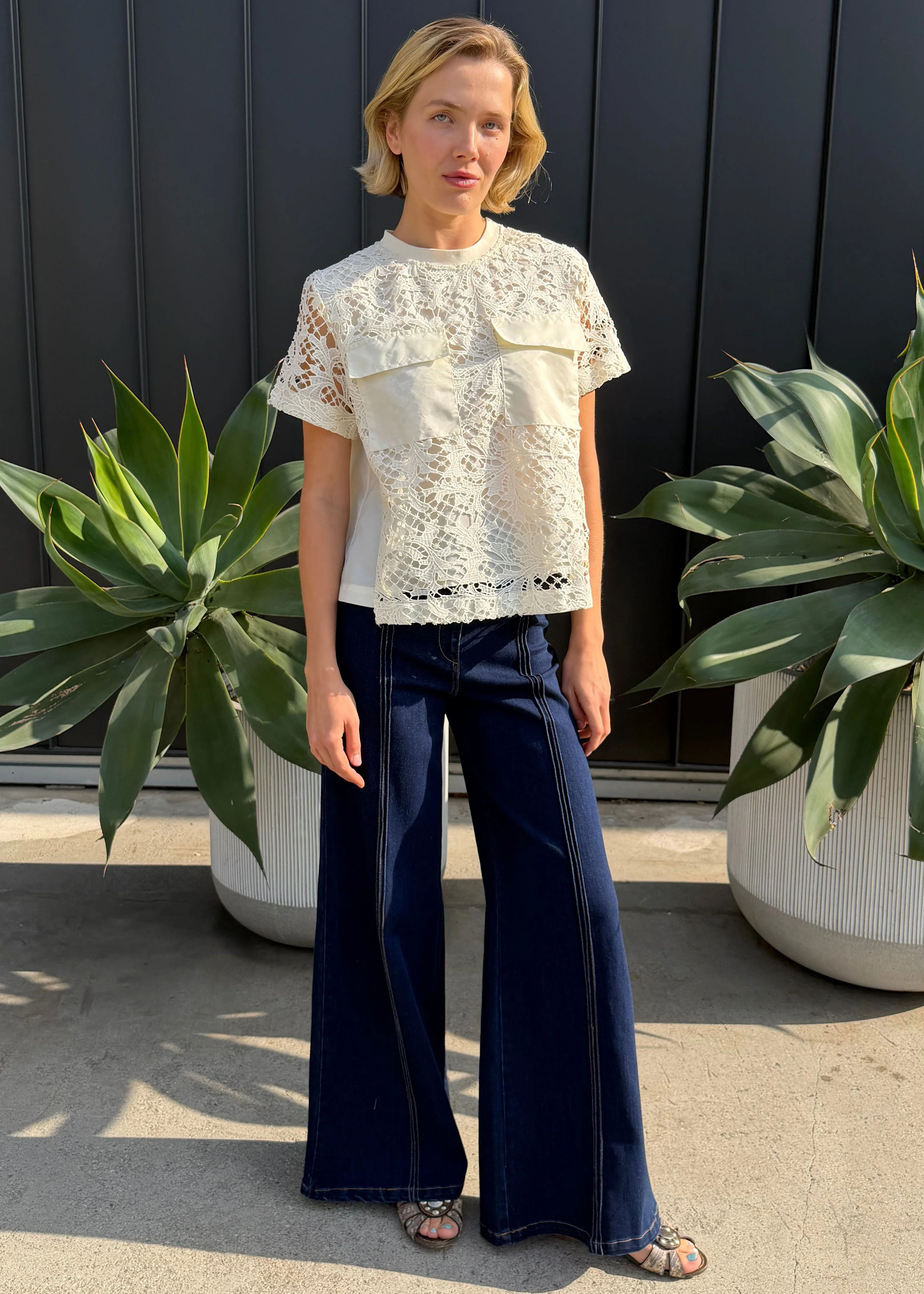 Frances Short Sleeve Lace Front Pocket Blouse - Cream | Benaar La