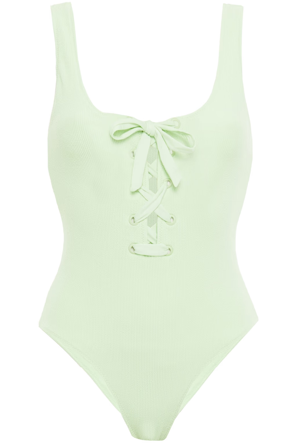 Light green Lace-up stretch-seersucker swimsuit | Sale up to 70% off | THE OUTNET | GANNI | THE O... | The Outnet (US and CA)