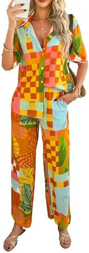 MINTLIMIT Women's 2 Piece Outfits Short Sleeve Button Down Shirt Printed Tops Long Pants Summer B... | Amazon (US)