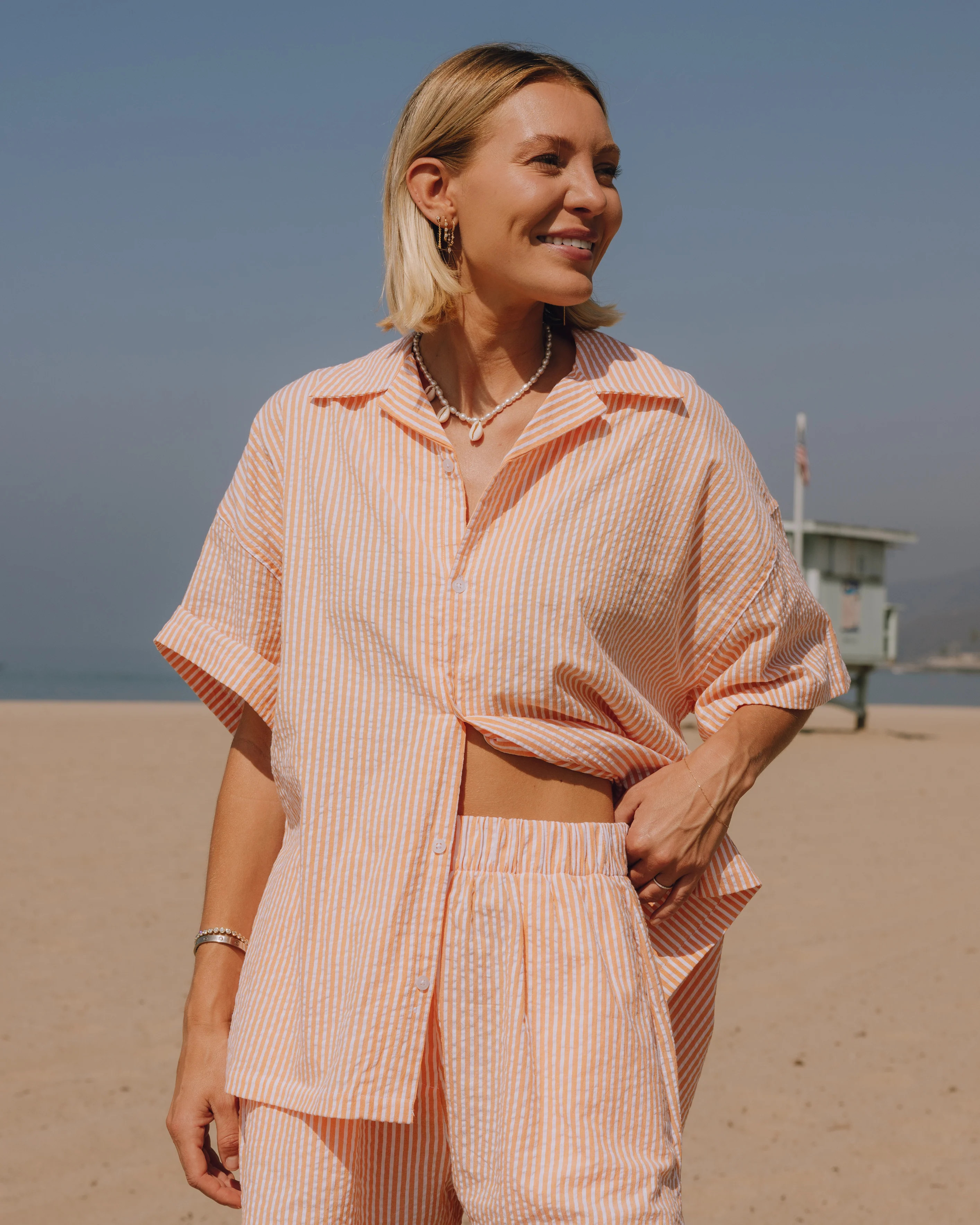 Seersucker Boxy Button Down - Orange/White Stripe | Daily Drills