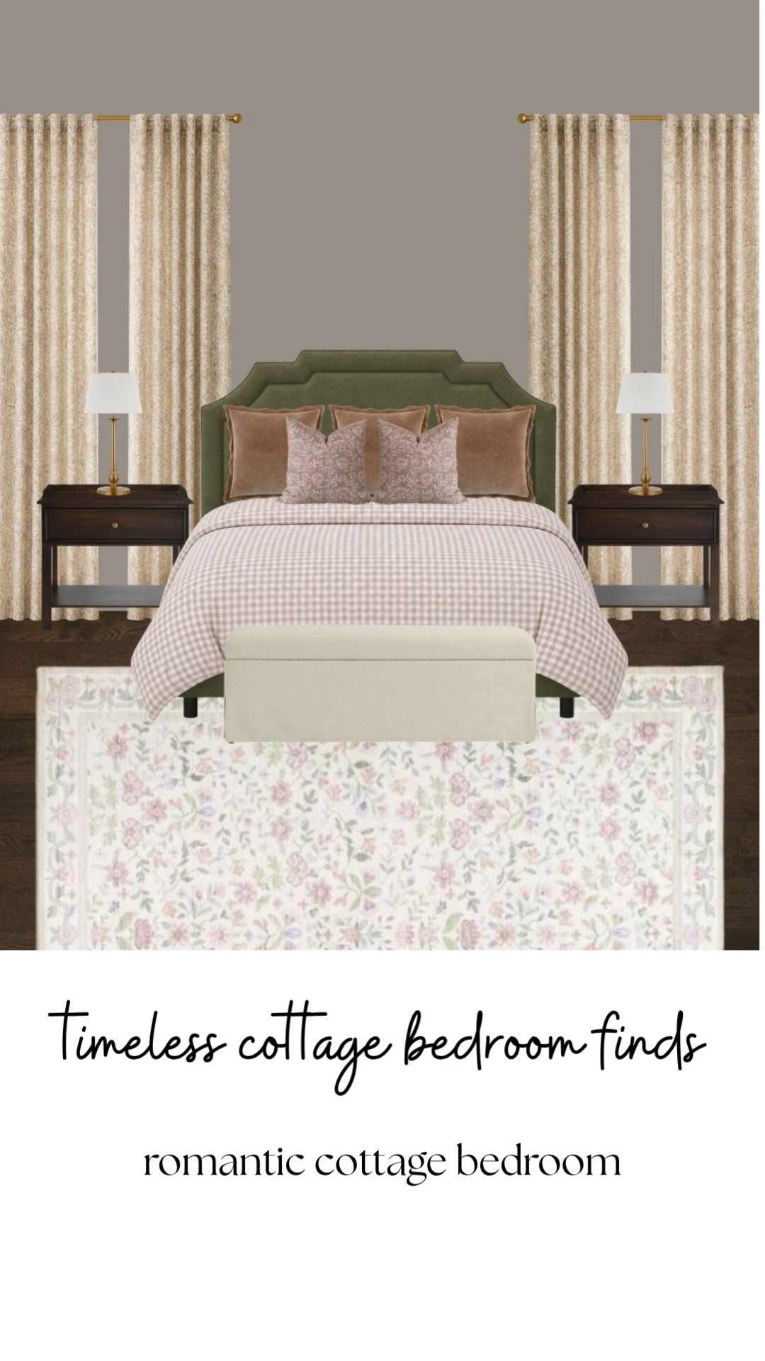A romantic cottage bedroom layered with soft blush gingham bedding, an olive green upholstered bed, floral vintage inspired rugs, and warm walnut nightstands for a timeless collected look. This cozy bedroom blends English cottage charm with warm traditional interiors using layered neutrals, floral textures, and soft earthy tones that feel calm, elegant, and beautifully lived in.

Perfect for:
• romantic cottage bedroom
• English cottage interiors
• olive green upholstered bed
• blush gingham bedding
• floral vintage rug
• cozy traditional bedroom
• warm neutral bedroom decor
• collected cottage style
• layered cozy interiors
• timeless bedroom inspiration
• warm walnut nightstands
• soft traditional decor
• cozy elegant home style
• cottagecore bedroom inspiration
• vintage inspired interiors
• romantic bedroom styling
• heritage inspired decor
• warm layered bedding
• elegant cozy bedroom
• designer inspired interiors

Everything linked in my LTK including the bed, bedding, rug, curtains, bench, lamps, and furniture details. 

 #LTKHome