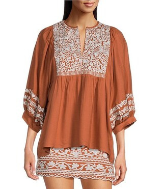J.Marie Maria Floral Embroidered Split Round 3/4 Puff Sleeve Flounce Tunic | Dillard's | Dillard's