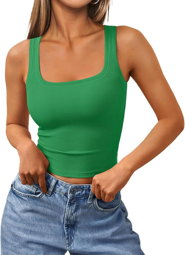 Trendy Queen Women's Summer Square Neck Tank Tops Workout Cropped Ribbed Summer Camisole Sleevele... | Amazon (US)