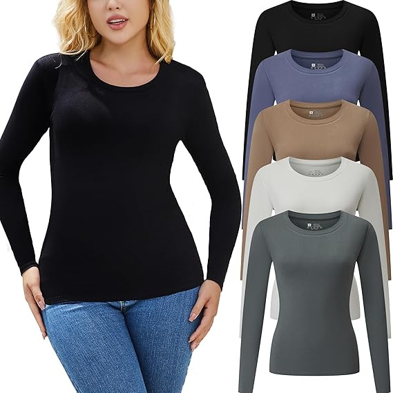 Women's 5 Piece Long Sleeve Shirts Crop Tops Fall Winter Fashion Underscrubs Layer Slim Fit Y2K T... | Amazon (US)