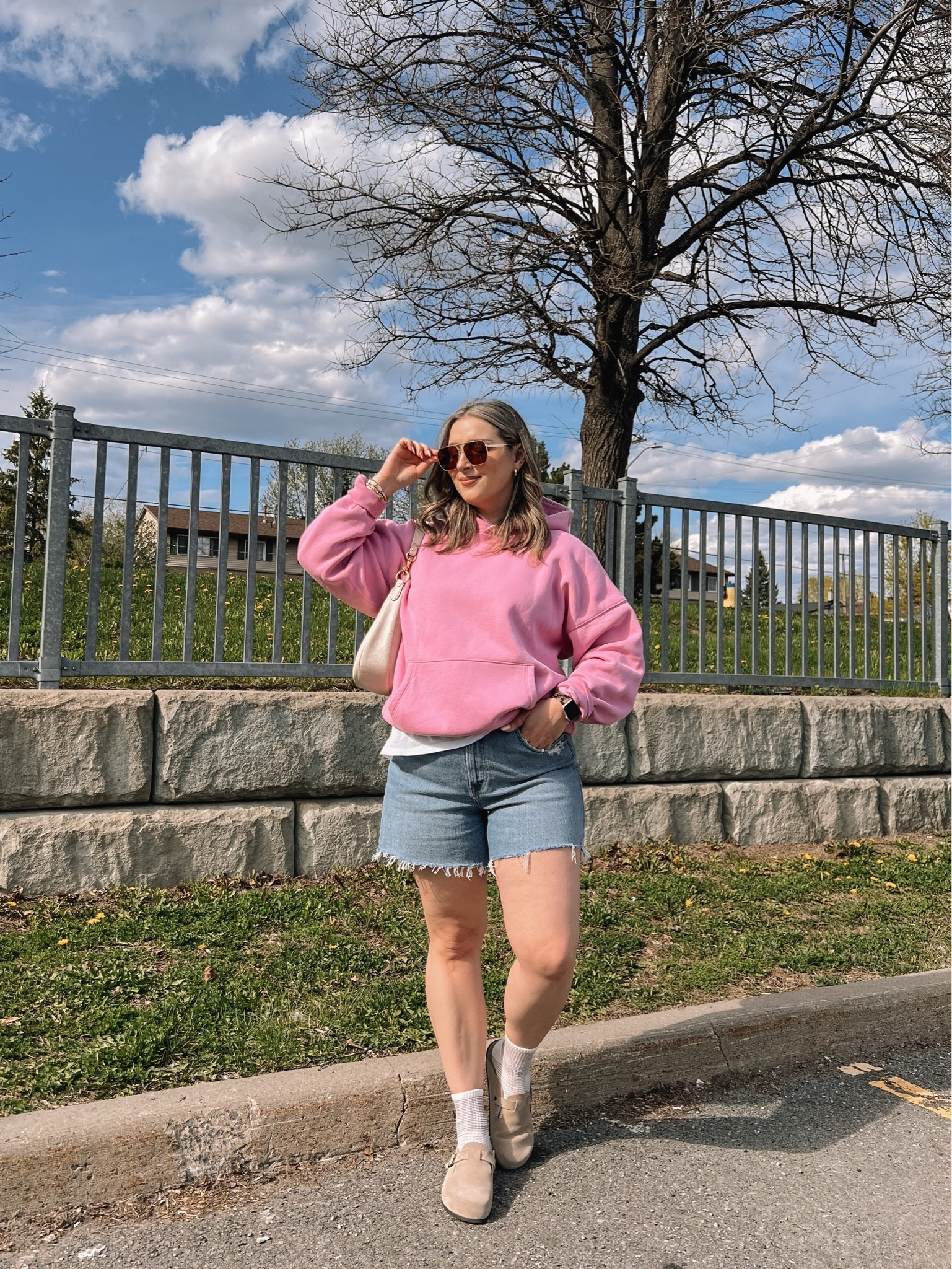 Comfy casual spring outfit! Wearing 32 in the shorts, I recommend sizing up! Also sized up to XL in the pink hoodie for an oversized fit. Linked similar clogs

#LTKsummer #LTKsale #LTKmidsize