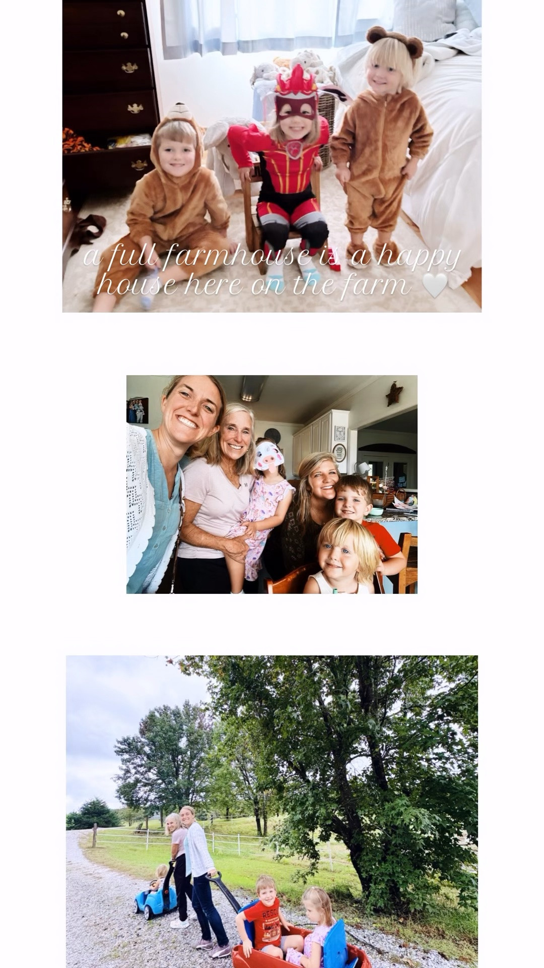 a cozy and fun lil’ family weekend here on the farm and our hearts are so full 🥰🫶🏽☔️🍂🏡🍁👶🏼🍪🎃🧡🌧️ #familyonthefarm #familyweekend #fullhouse #happyhearts 

Yesterday’s cozy saturday morning ☔️🌧️ called for makin’ some yummy 😋 homemade 🥣 pumpkin 🎃 chocolate 🍫 chip muffins 🤎 for the little ones!! 🥰 We love a cozy fall rainy mornin’ around here ☔️🍂 - also… how adorable 🥰 is my new 🏡  coffee mug ☕️ hehe! 🤭 Watercolor painting 🎨, pumpkin 🎃 muffins & milk bottles 🥛, freshly picked fall zinnias 💐, the coziest rain ☔️ falling down, andddd we had family coming to stay with us this weekend in our guest house 🏡 here on the farm!! 🌳

All the fun cousin time 🥰🫶🏽 in the farmhouse 🌧️🍁🍂 and ofcourse these cuties 👶🏼👶🏼👶🏼 loved runnin’ around playing in costumes 🧸 all afternoon!! 🤩 Rainy afternoon snuggles 🥰 with my bebe 👶🏼☔️ before happy as can be cookin’ dinner 🍽️ for lots of mouths to feed 😋 (and yes, I got these 90s nostalgia @pillsbury pumpkin 🎃 cookies 🍪 for everyone hehe - the best)!! 😍 Also… my sweet mama brought up all these daffodil 🌼 bulbs for us to plant 🌱 this fall 🪴 and I’m giddy!!! 🥰 Can’t wait to have lots and lots of daffodils come early spring out here on the farm!! 🫶🏽

Ended the sweetest family day with cookies 🍪 and music 🎶 and dancing until storytime and bedtime 🛌 with these cousin cuties!! 🥰 So special having my mom, sister @lcarpenter513 and sweet Ellie staying in our guest house 🏡 this weekend - our first people to stay there while visiting the farm!!! 🌼🫶🏽 These beautiful 12 acres and our beloved “farmhouse on the hill” - I’ll never get over it 🤍 And so love getting to SHARE it!! 🫶🏽 

The sun ☀️ came out this mornin’ finally and these cousins loved getting to go on a fall walk 🍂🍁 down the farm and over to the pond!!! 🥰🫶🏽 And splashing 💦 in all the farm puddles 💧 in their whittle matching rainboots ☔️ 🥾- ohhh these are the little moments I always dreamed of!!! 🥰🫶🏽 The long gravel driveway of my dreams for my babies to all grow up runnin’ up and down 🤍 Thank you, Jesus!! 🛻 #myfavoriteview