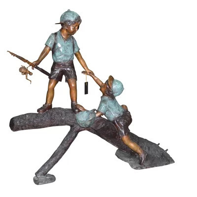 Amando Bronze Two Boys Fishing on Tree Log Bronze Fountain - Size: 53"L x 25"W x 47"H. | Wayfair North America
