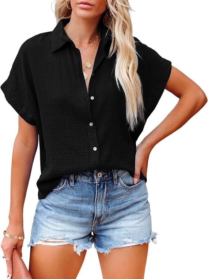 Davenil Women Short Sleeve Button Down Shirts Linen Casual Collar Blouses | Amazon (US)