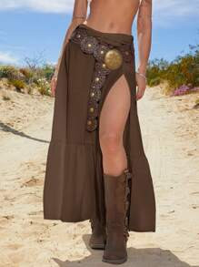 SHEIN EZwear Women's Casual Western Style Solid Color Side Slit Hem Skirt | SHEIN