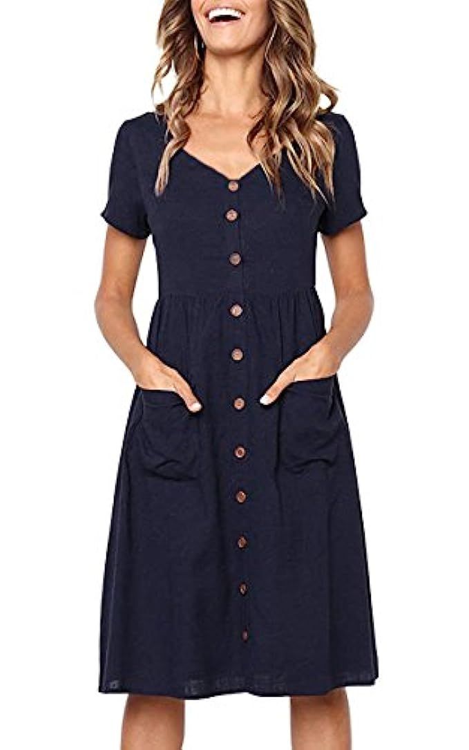 Angashion Women's Dresses-Short Sleeve V Neck Button T Shirt Midi Skater Dress Pockets | Amazon (US)