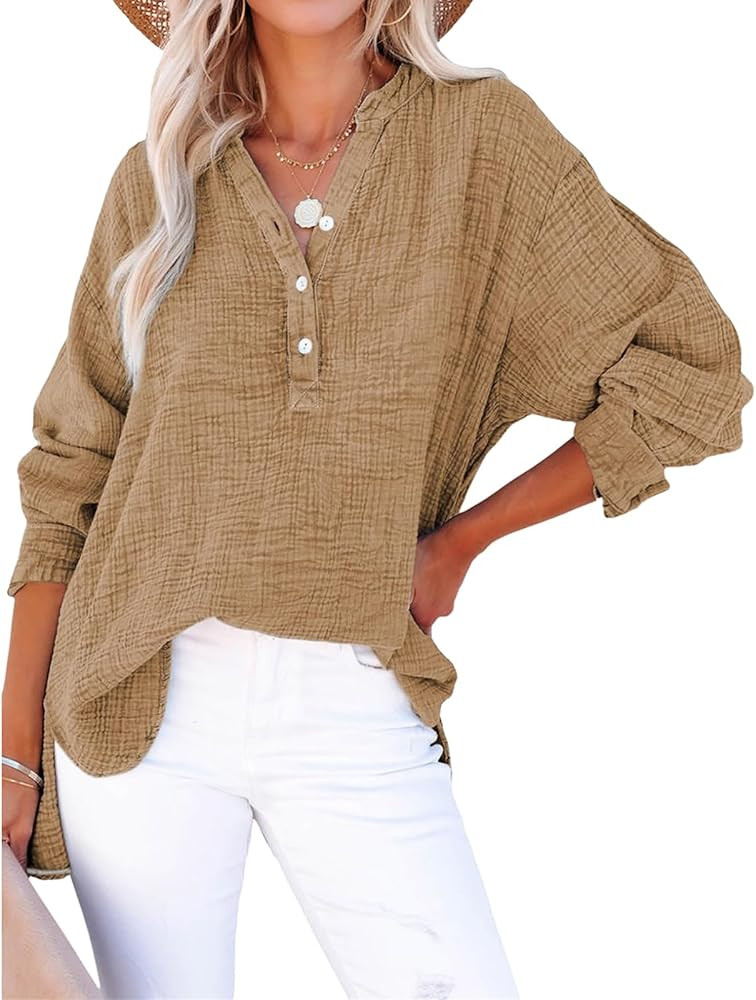 Womens Summer Tops Casual Button V Neck Long Sleeve Shirts Loose Pullover Tops Oversized Blouses ... | Amazon (US)