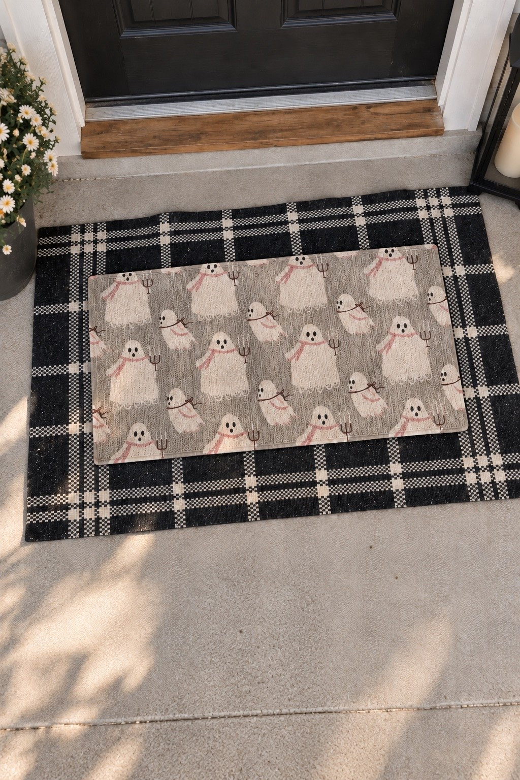 The cutest way to welcome spooky season 👻🖤 Layered these Target Halloween rugs for an easy front porch refresh—the neutral ghost mat looks so good over the oversized black-and-white plaid rug! Affordable, festive, and still fits my neutral décor style.

#TargetFinds #TargetHalloween #HalloweenDecor #FallFrontPorch #LayeredDoormat #FrontPorchDecor #NeutralHalloween #TargetHome

#LTKSaleAlert #LTKSeasonal #LTKHome
