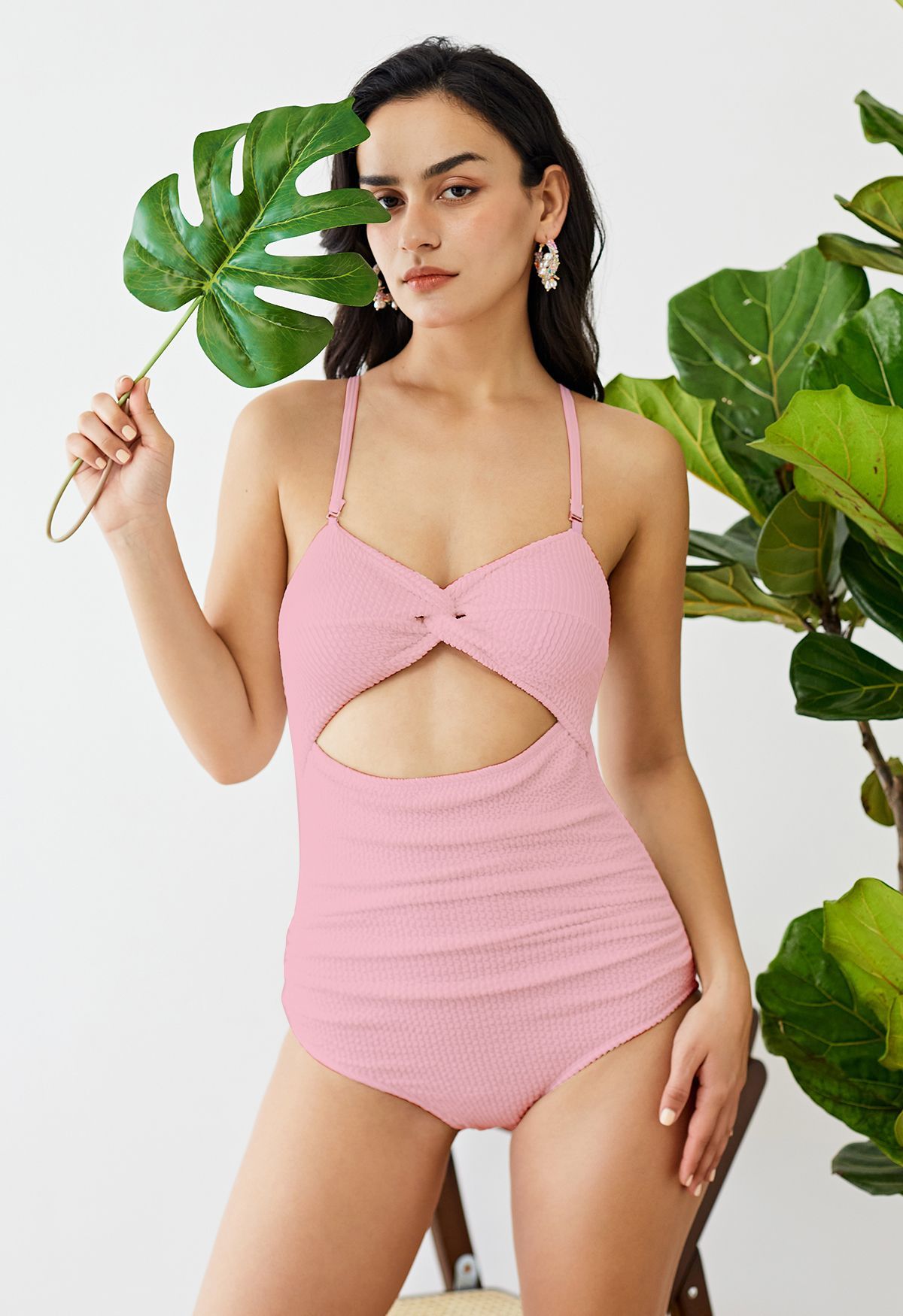 Twisted Cutout Wavy Textured Swimsuit in Pink | Chicwish
