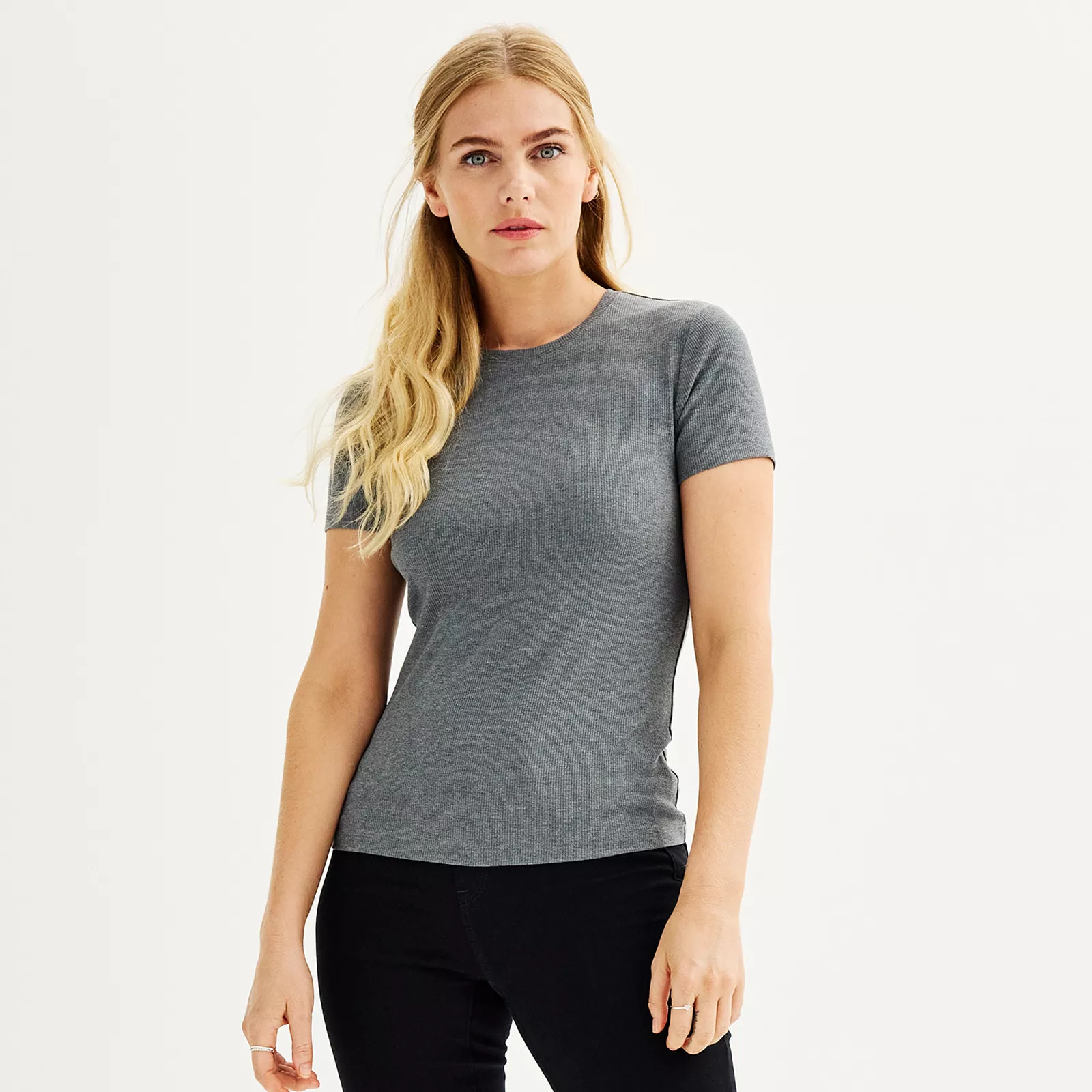 Women's Nine West Fitted Ribbed Crewneck Top, Size: XL, Coal Grey | Kohl's