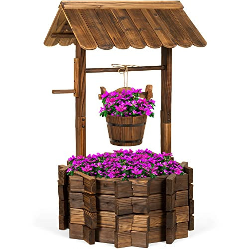 Best Choice Products Rustic Wooden Wishing Well Planter Outdoor Home Décor for Patio, Garden, Yard w/Hanging Bucket | Amazon (US)