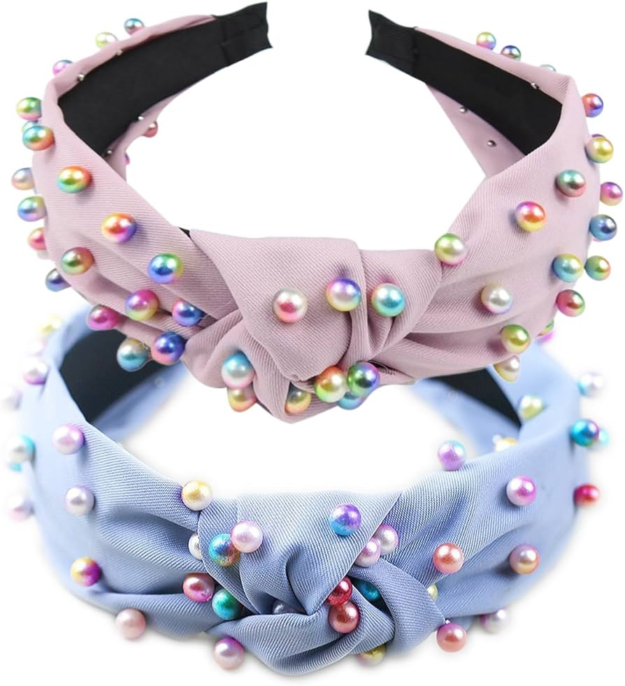 Headbands for Girls, Pearl Knotted Headbands for Women Girls, Colorful Jeweled Embellished Gem Ha... | Amazon (US)