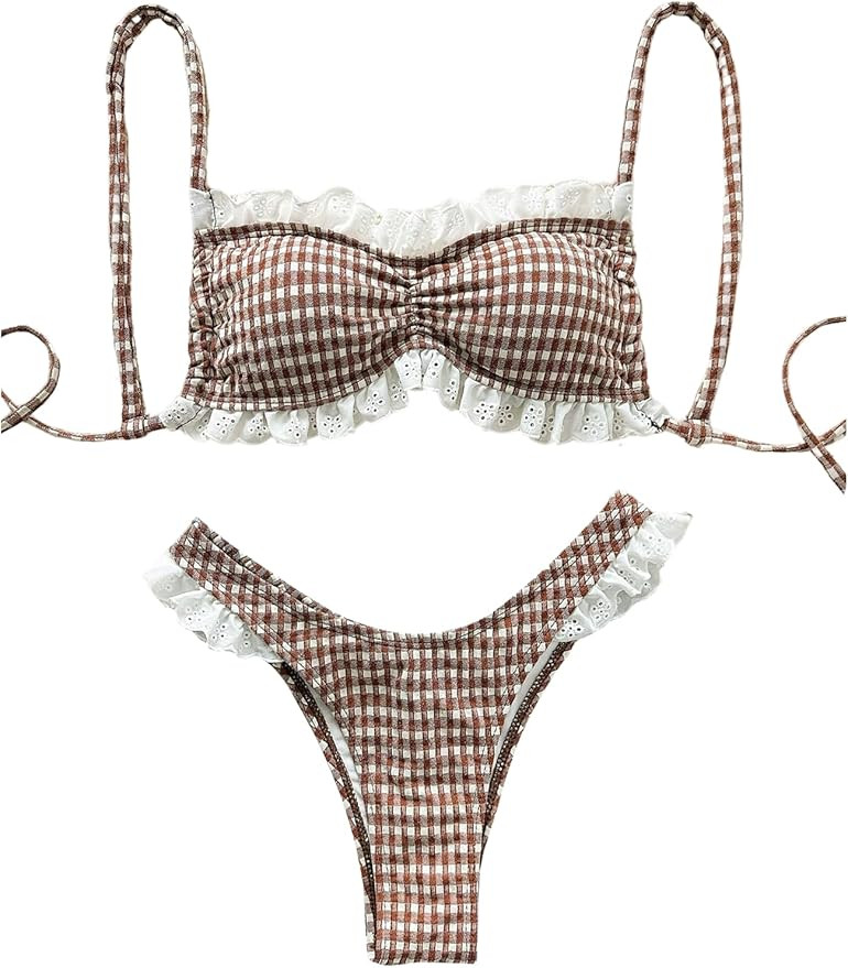 Verdusa Women's 2 Piece Gingham Bikini Set Ruffle Eyelet High Cut Swimsuits Vacation Outfits | Amazon (US)