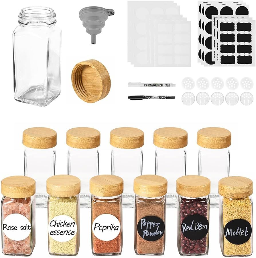 ROSNONG 12 Spice Jars with Labels, 4oz Square Glass Spice Jars with Airtight Bamboo Lids and Shak... | Amazon (UK)