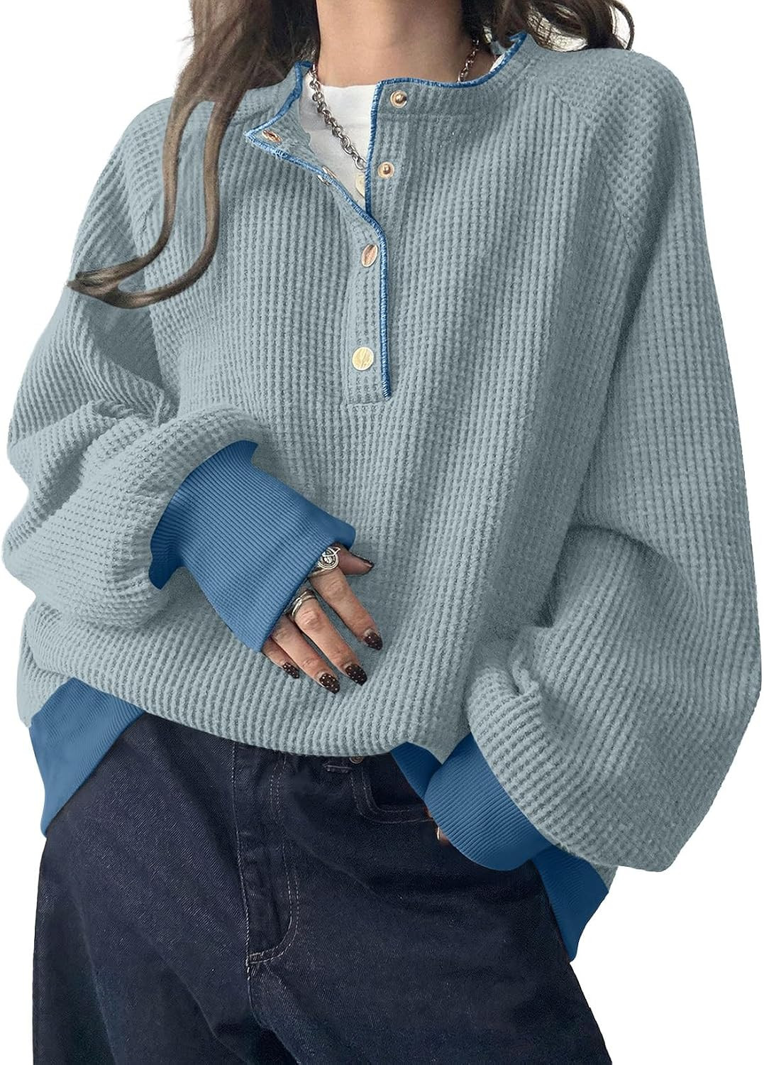 SHEWIN Women's Color Block Long Sleeve Sweatshirt Waffle Knit Henley Tops | Amazon (US)