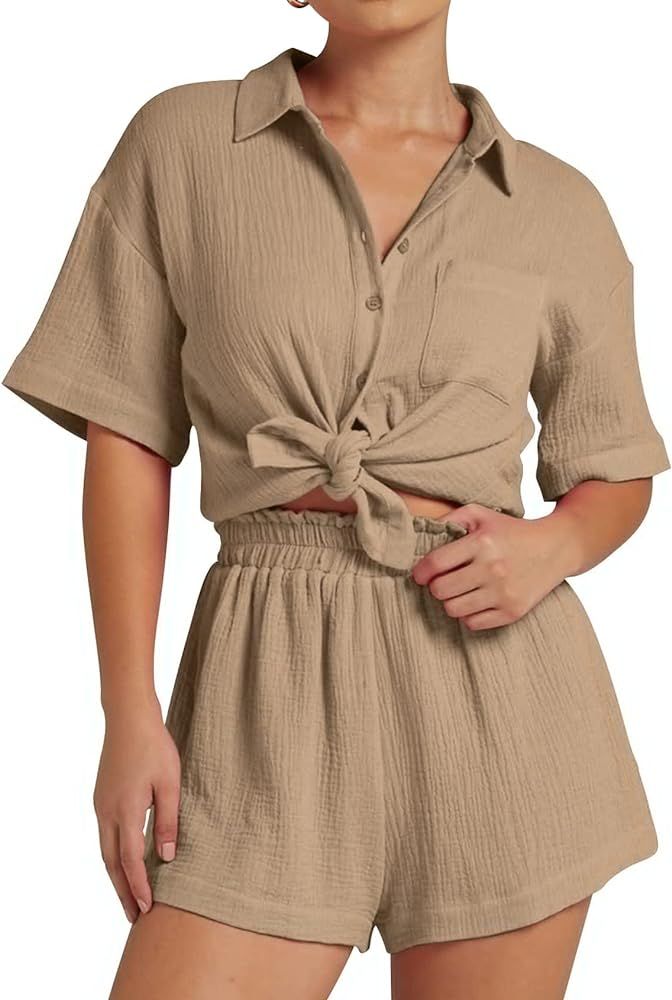 PEHMEA Women's Casual 2 Piece Outfits Cotton Linen Button Down Shirt Top Paper Bag Shorts Sets Tr... | Amazon (US)