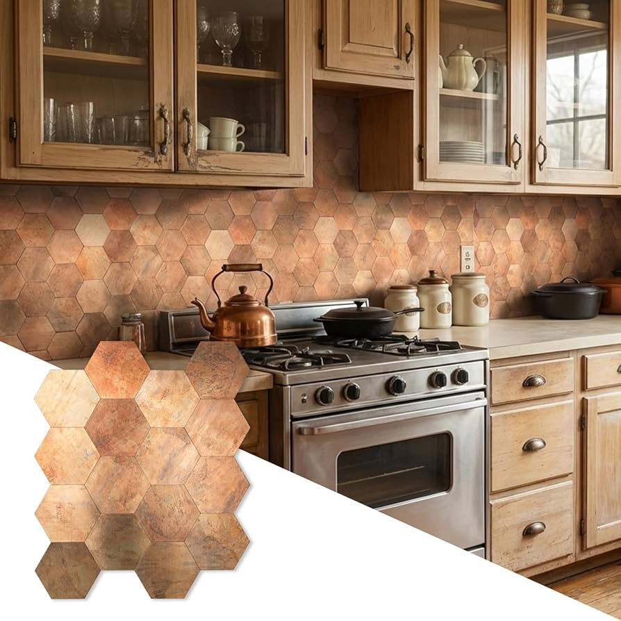 Yipscazo 10 PCS Hexagon Peel and Stick Backsplash PVC Copper Wall Tiles,Stick on Backsplash Tile ... | Amazon (US)
