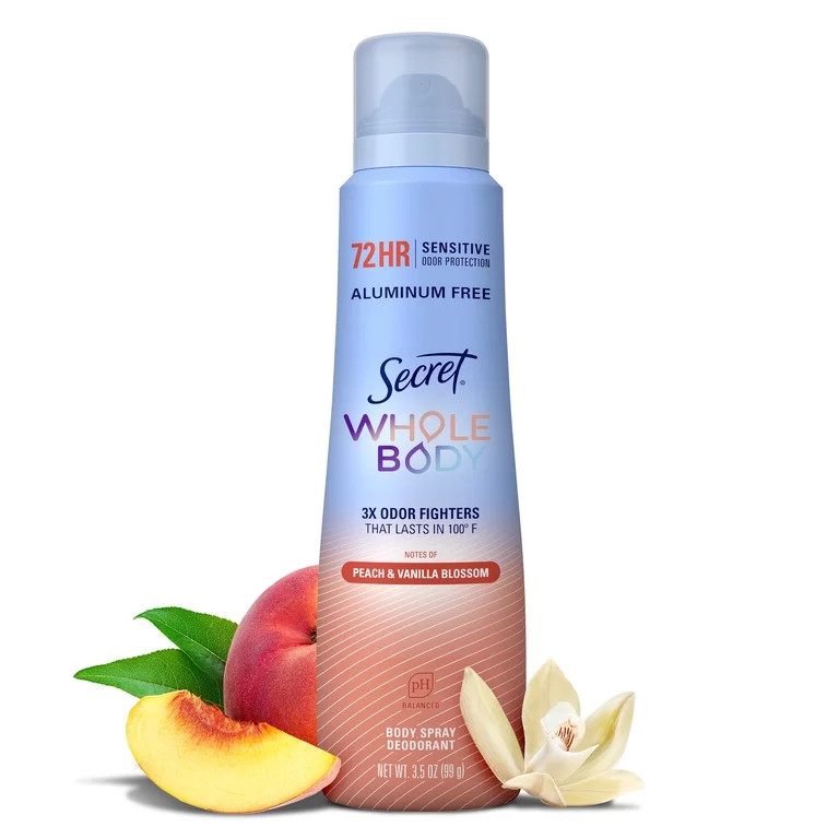 Secret Women's Whole Body Deodorant Aluminum Free Spray, Peach & Vanilla 3.5oz | Walmart (US)