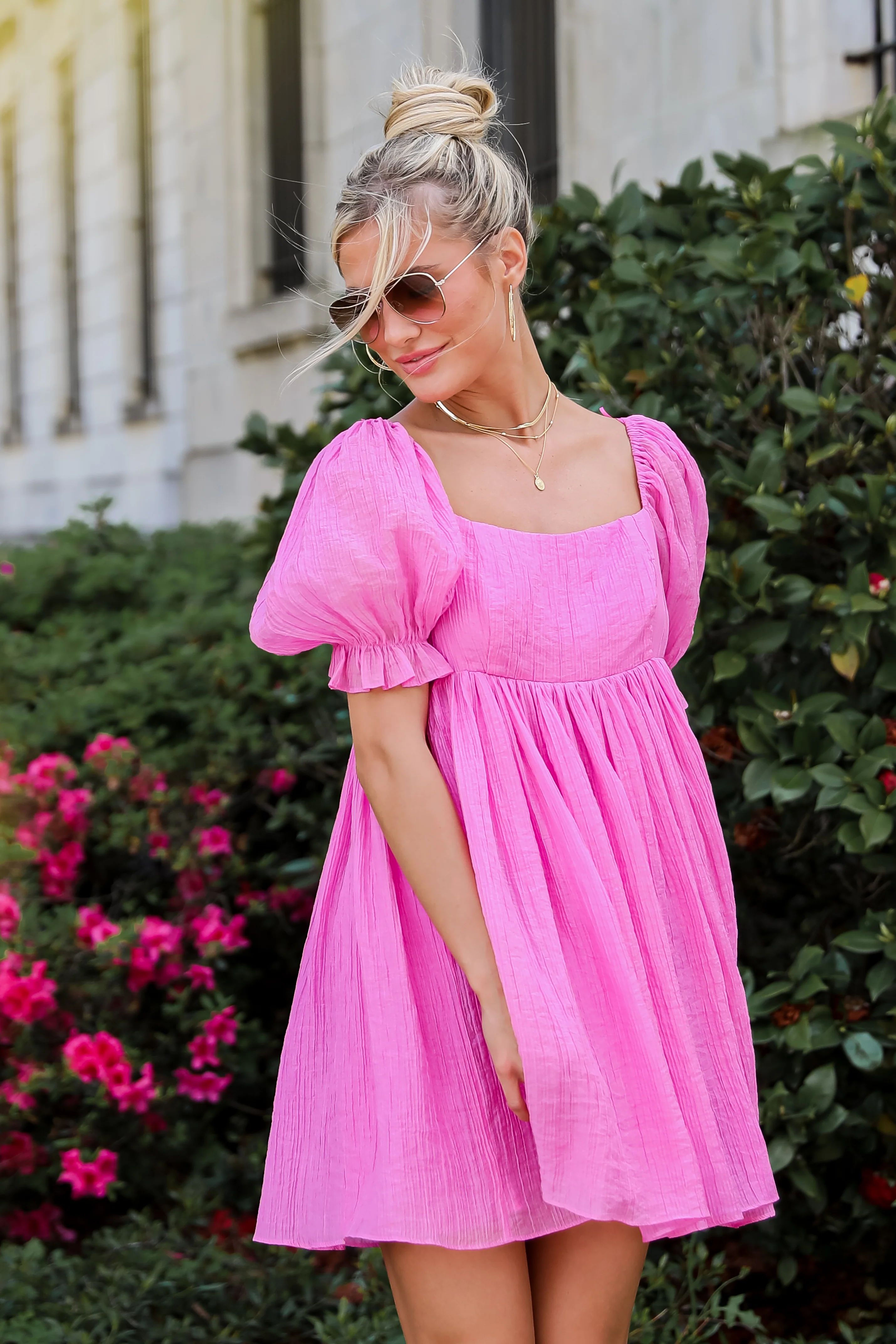 Lovely Boldness Pink Textured Babydoll Mini Dress | Dress Up